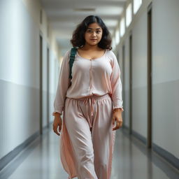 A plus-size teenage girl with delicate and innocent features, standing at 1