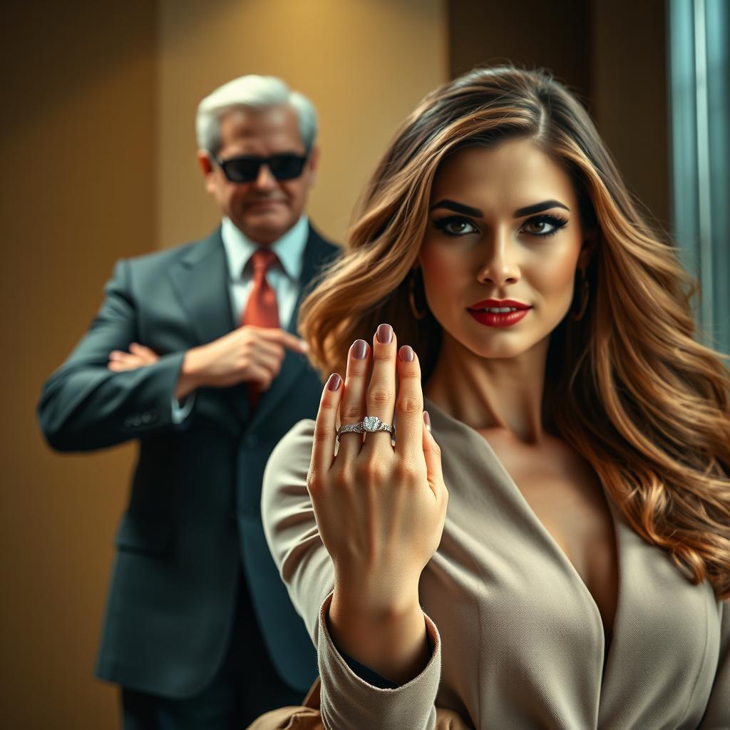 A captivating scene depicting a stylish woman confidently showing off her engagement ring, symbolizing her engagement to her ex-boss's son as an act of revenge