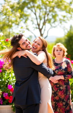 A woman happily hugging her fiancé in a joyful embrace, showcasing a scene filled with love and a hint of mischief