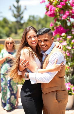 A woman happily hugging her fiancé in a joyful embrace, showcasing a scene filled with love and a hint of mischief