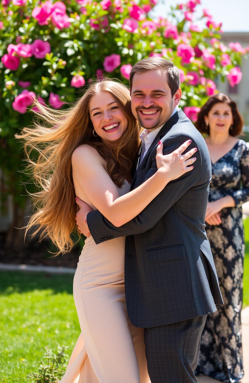 A woman happily hugging her fiancé in a joyful embrace, showcasing a scene filled with love and a hint of mischief