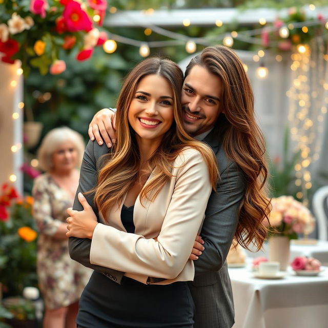 A woman with a beaming smile hugging her fiancé warmly, conveying a sense of joy and sweet revenge as she stands confidently in a stylish, modern outfit