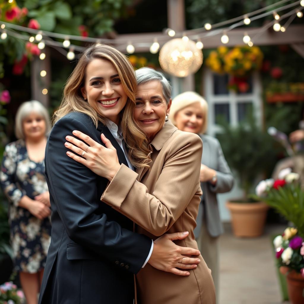 A woman with a beaming smile hugging her fiancé warmly, conveying a sense of joy and sweet revenge as she stands confidently in a stylish, modern outfit