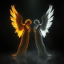 A striking image featuring the silhouettes of two male angels, one with a golden hue and the other in silver, standing together amidst a backdrop of melancholic darkness