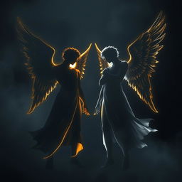 A striking image featuring the silhouettes of two male angels, one with a golden hue and the other in silver, standing together amidst a backdrop of melancholic darkness