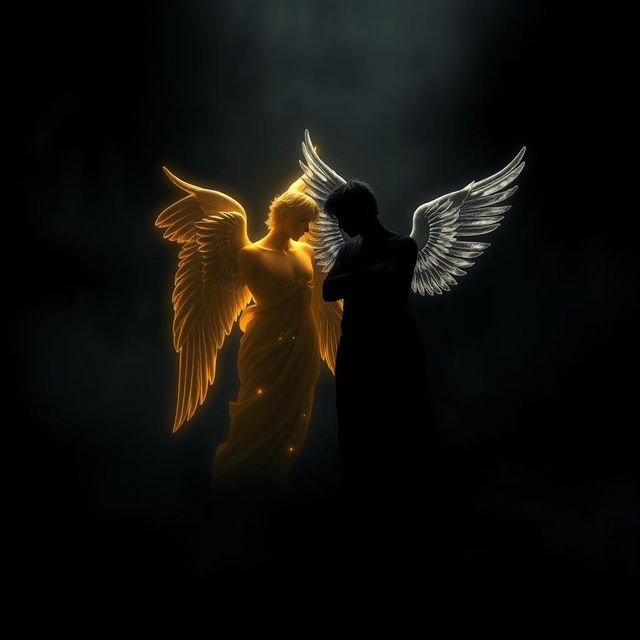 A striking image featuring the silhouettes of two male angels, one with a golden hue and the other in silver, standing together amidst a backdrop of melancholic darkness