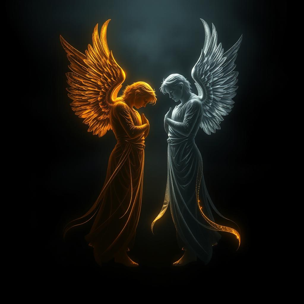 A striking image featuring the silhouettes of two male angels, one with a golden hue and the other in silver, standing together amidst a backdrop of melancholic darkness