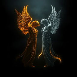 A striking image featuring the silhouettes of two male angels, one with a golden hue and the other in silver, standing together amidst a backdrop of melancholic darkness