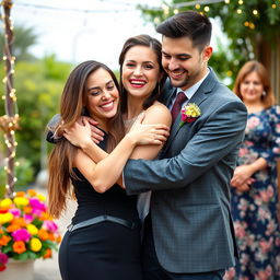 A woman, full of joy and confidence, hugs her fiancé tightly, her expression radiating happiness and a sense of playful revenge