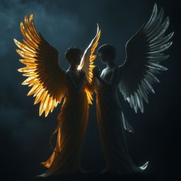 A captivating image featuring the silhouettes of two male angels, one shimmering in golden hues and the other radiating a silver glow, positioned together against a backdrop of melancholic darkness