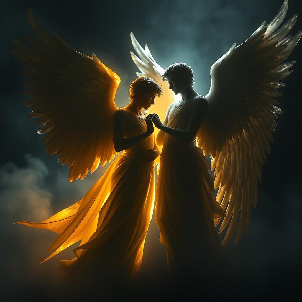 A captivating image featuring the silhouettes of two male angels, one shimmering in golden hues and the other radiating a silver glow, positioned together against a backdrop of melancholic darkness