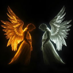 A captivating image featuring the silhouettes of two male angels, one shimmering in golden hues and the other radiating a silver glow, positioned together against a backdrop of melancholic darkness