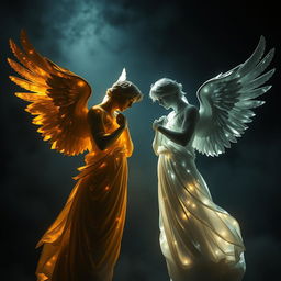 A captivating image featuring the silhouettes of two male angels, one shimmering in golden hues and the other radiating a silver glow, positioned together against a backdrop of melancholic darkness