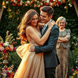 A woman joyfully embracing her fiancé, a strikingly handsome young man, in a beautifully decorated garden setting