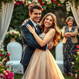 A woman joyfully embracing her fiancé, a strikingly handsome young man, in a beautifully decorated garden setting