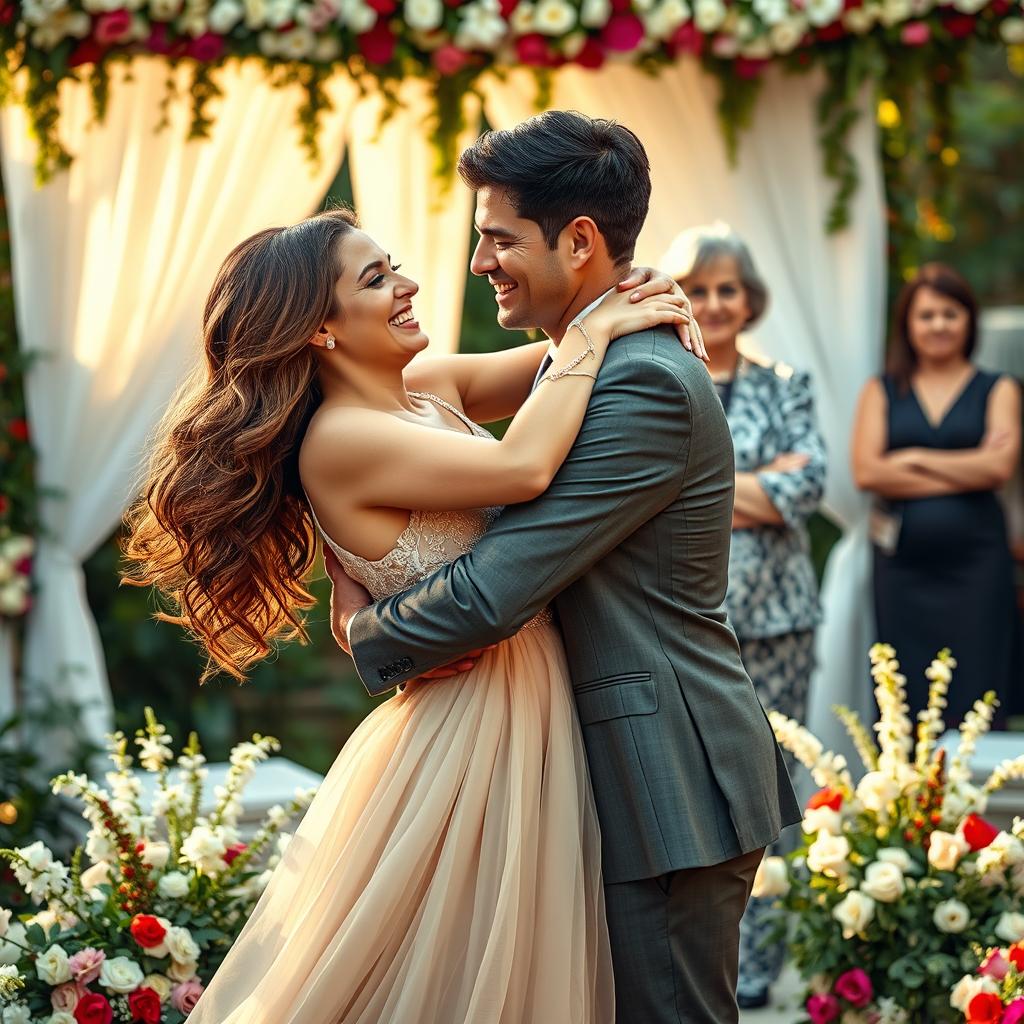 A woman joyfully embracing her fiancé, a strikingly handsome young man, in a beautifully decorated garden setting