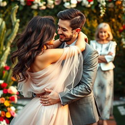 A woman joyfully embracing her fiancé, a strikingly handsome young man, in a beautifully decorated garden setting