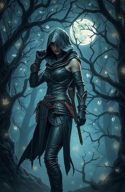 A fierce female assassin poised in a mystical, enchanted forest