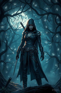 A fierce female assassin poised in a mystical, enchanted forest