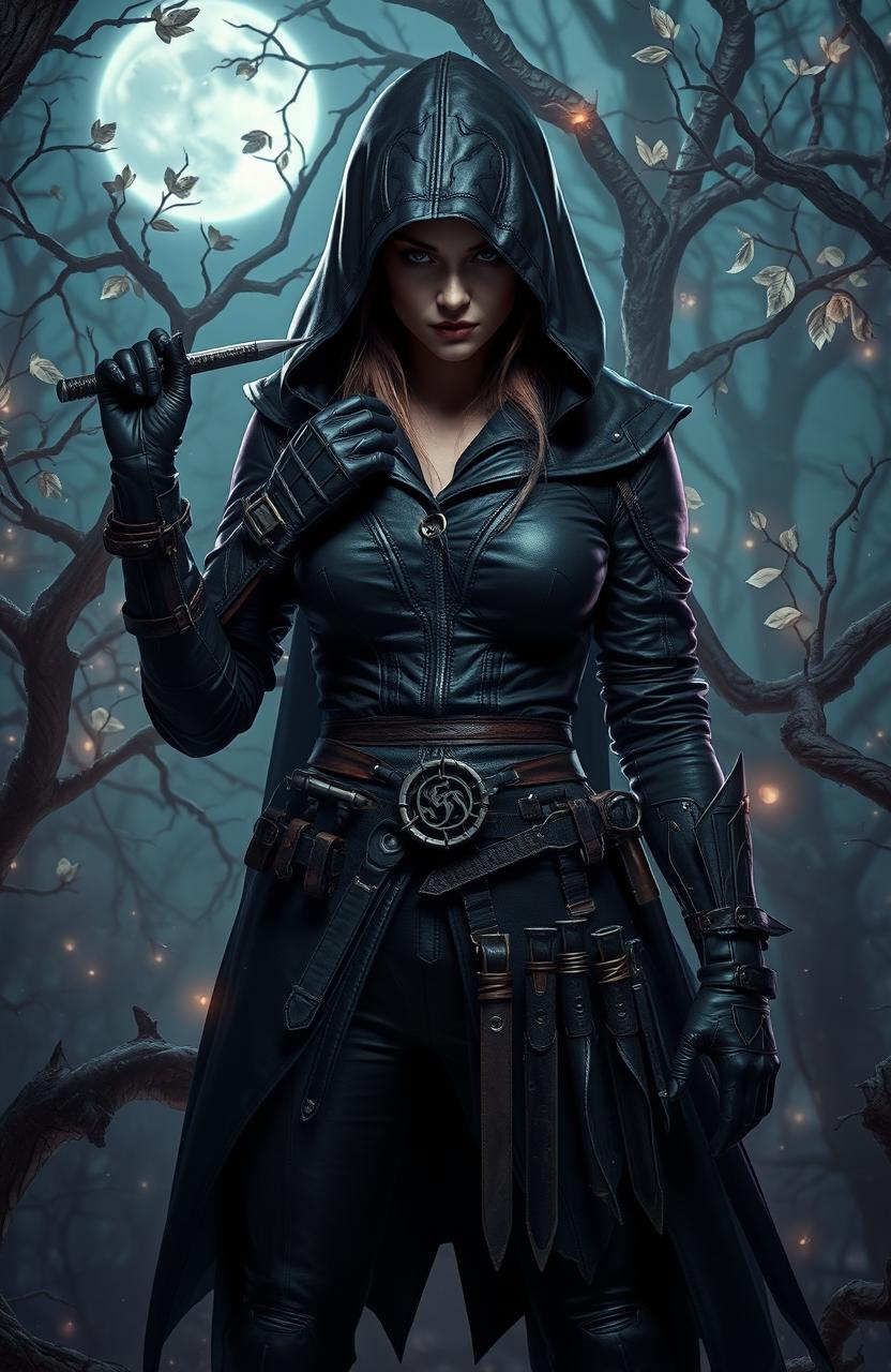 A fierce female assassin poised in a mystical, enchanted forest