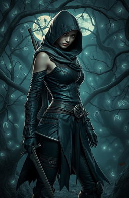 A fierce female assassin poised in a mystical, enchanted forest