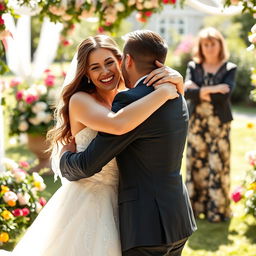 A woman in a stunning bridal gown joyfully hugging her fiancé, who is a handsome young man, in a beautiful outdoor setting adorned with flowers and greenery