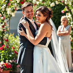 A woman in a stunning bridal gown joyfully hugging her fiancé, who is a handsome young man, in a beautiful outdoor setting adorned with flowers and greenery