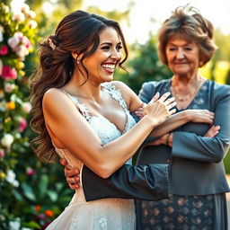 A woman in a stunning bridal gown joyfully hugging her fiancé, who is a handsome young man, in a beautiful outdoor setting adorned with flowers and greenery