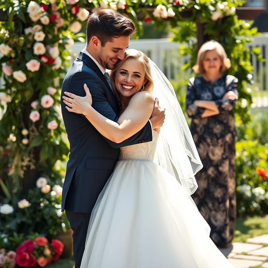 A woman in a stunning bridal gown joyfully hugging her fiancé, who is a handsome young man, in a beautiful outdoor setting adorned with flowers and greenery