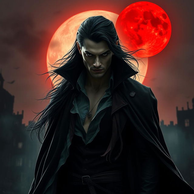 A striking vampire standing imposingly against a blood moon, which casts a haunting crimson glow over a silhouette of desolate, crumbling buildings in the background