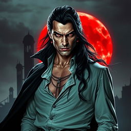 A striking vampire standing imposingly against a blood moon, which casts a haunting crimson glow over a silhouette of desolate, crumbling buildings in the background