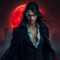 A striking vampire standing imposingly against a blood moon, which casts a haunting crimson glow over a silhouette of desolate, crumbling buildings in the background