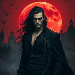 A striking vampire standing imposingly against a blood moon, which casts a haunting crimson glow over a silhouette of desolate, crumbling buildings in the background