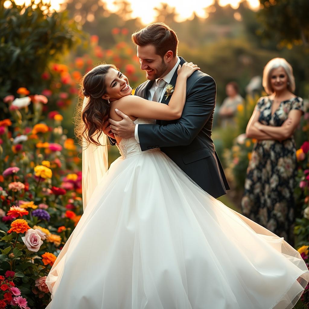 A woman dressed in a stunning bridal gown joyfully hugging her masculine fiancé, who is tall and ruggedly handsome, in a lush garden setting filled with colorful flowers