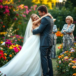 A woman dressed in a stunning bridal gown joyfully hugging her masculine fiancé, who is tall and ruggedly handsome, in a lush garden setting filled with colorful flowers