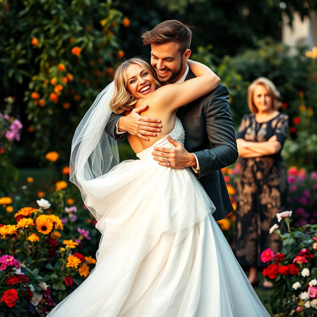 A woman dressed in a stunning bridal gown joyfully hugging her masculine fiancé, who is tall and ruggedly handsome, in a lush garden setting filled with colorful flowers