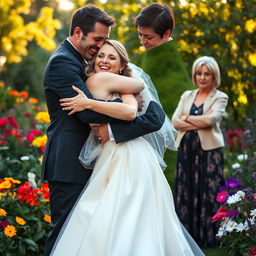 A woman dressed in a stunning bridal gown joyfully hugging her masculine fiancé, who is tall and ruggedly handsome, in a lush garden setting filled with colorful flowers