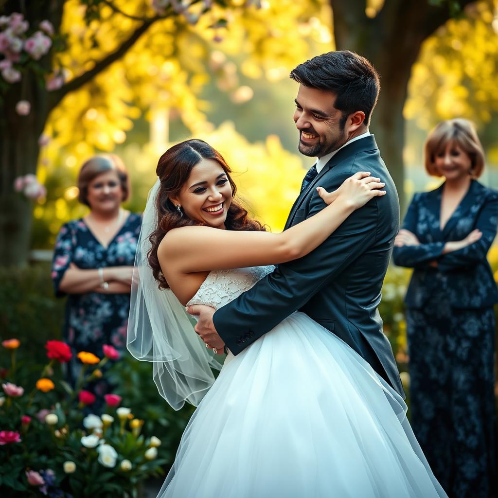 A woman wearing a stunning bridal gown joyfully embracing her masculine fiancé, who is handsome with strong features, in an enchanting outdoor setting filled with blooming flowers and greenery