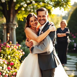 A woman wearing a stunning bridal gown joyfully embracing her masculine fiancé, who is handsome with strong features, in an enchanting outdoor setting filled with blooming flowers and greenery