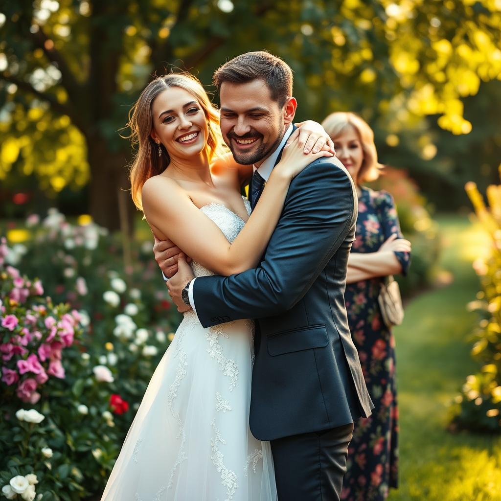 A woman wearing a stunning bridal gown joyfully embracing her masculine fiancé, who is handsome with strong features, in an enchanting outdoor setting filled with blooming flowers and greenery