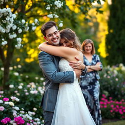 A woman wearing a stunning bridal gown joyfully embracing her masculine fiancé, who is handsome with strong features, in an enchanting outdoor setting filled with blooming flowers and greenery