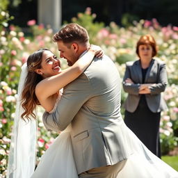 A woman in an exquisite bridal gown joyfully embraces her strikingly handsome fiancé, who possesses strong, masculine features, in a picturesque garden setting filled with blooming flowers