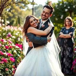 A woman in an exquisite bridal gown joyfully embraces her strikingly handsome fiancé, who possesses strong, masculine features, in a picturesque garden setting filled with blooming flowers