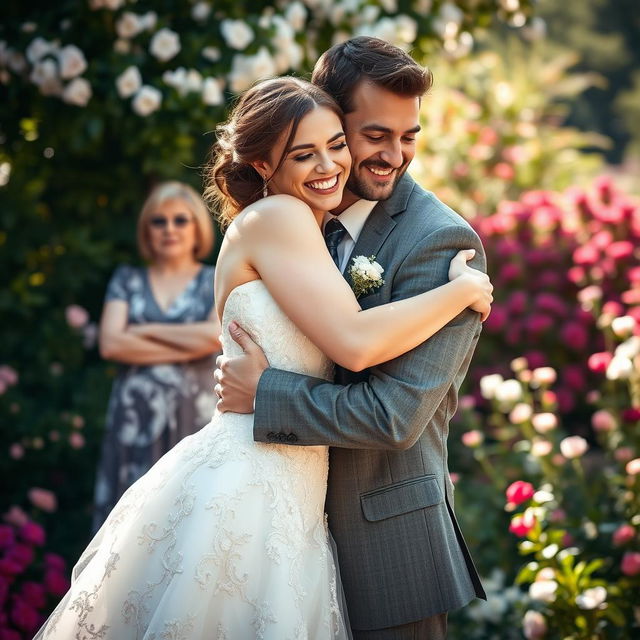 A woman in an exquisite bridal gown joyfully embraces her strikingly handsome fiancé, who possesses strong, masculine features, in a picturesque garden setting filled with blooming flowers