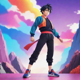 Anime stylized character standing in a dynamic pose with vibrant colors and a picturesque background inspired by well-known anime series.