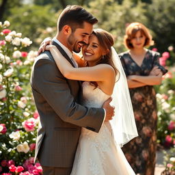 A woman in an exquisite bridal gown joyfully embraces her strikingly handsome fiancé, who possesses strong, masculine features, in a picturesque garden setting filled with blooming flowers