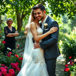 A woman in a breathtaking bridal gown, exuding joy as she hugs her strikingly handsome fiancé, whose masculine features and charming smile complement her delight