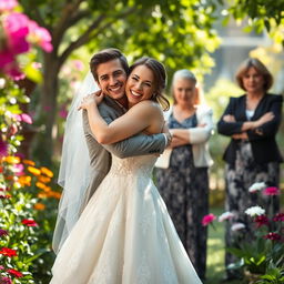 A woman in a breathtaking bridal gown, exuding joy as she hugs her strikingly handsome fiancé, whose masculine features and charming smile complement her delight