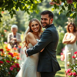 A woman in a breathtaking bridal gown, exuding joy as she hugs her strikingly handsome fiancé, whose masculine features and charming smile complement her delight