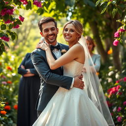 A woman in a breathtaking bridal gown, exuding joy as she hugs her strikingly handsome fiancé, whose masculine features and charming smile complement her delight